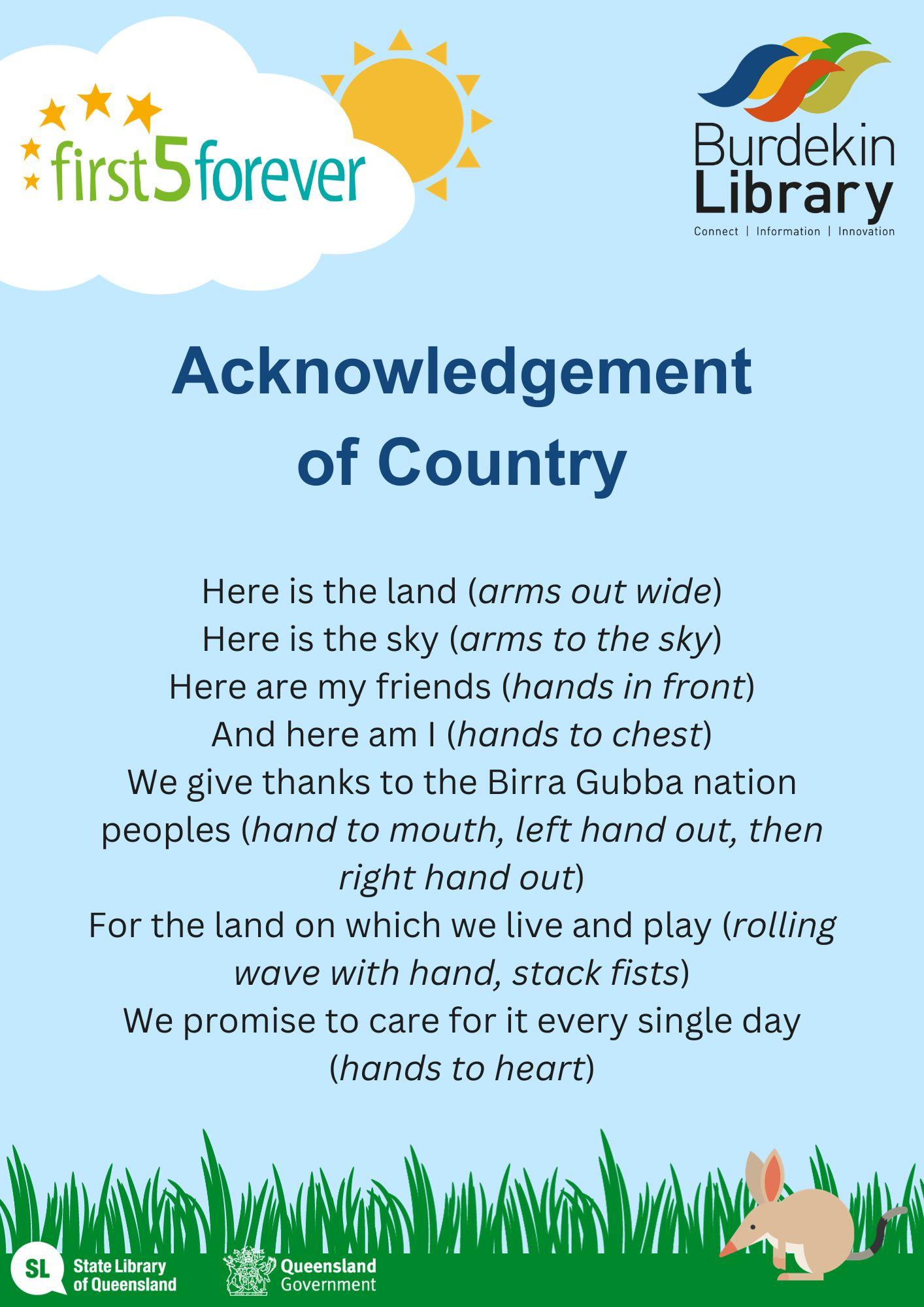 Image of Acknowledgment of Country with words and actions for First Five Forever Sessions