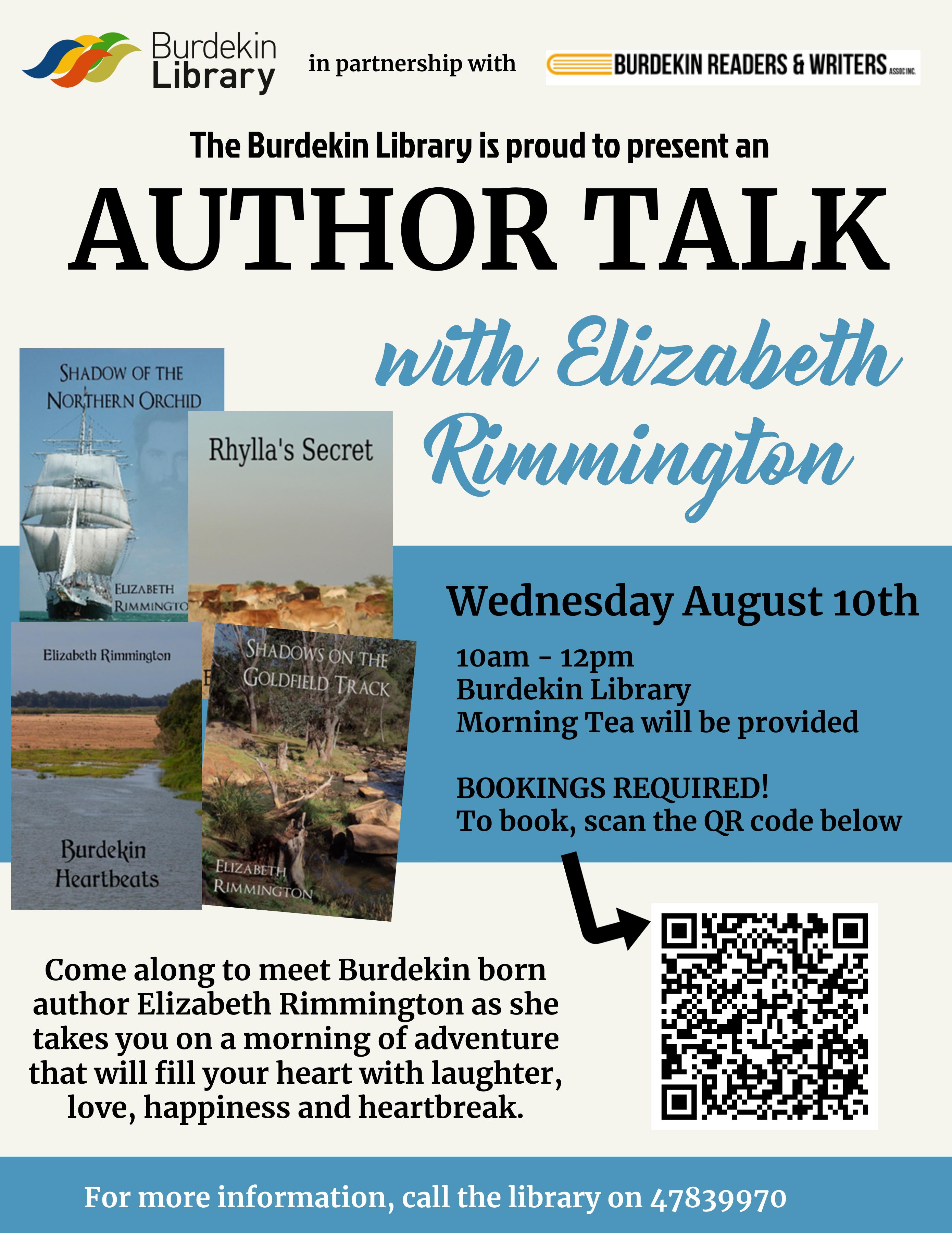 Poster for book talk with Elizabeth Rimmington 2022